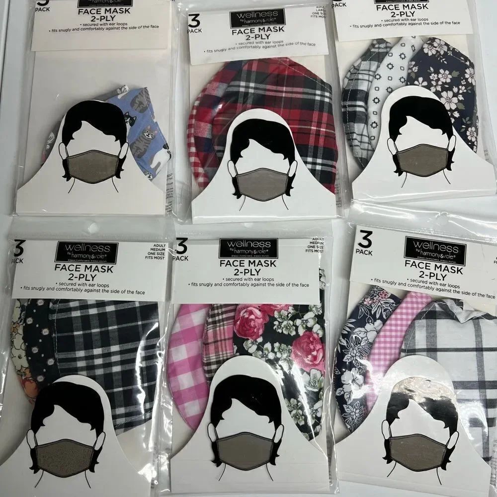 Bundle of 18 Face masks 2-ply 6 packs/ 1 pack toddler sz 1 pack adult L 4 packsM